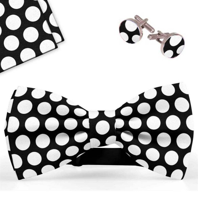 Set papion barbati, batista, butoni, negru, buline albe, mari